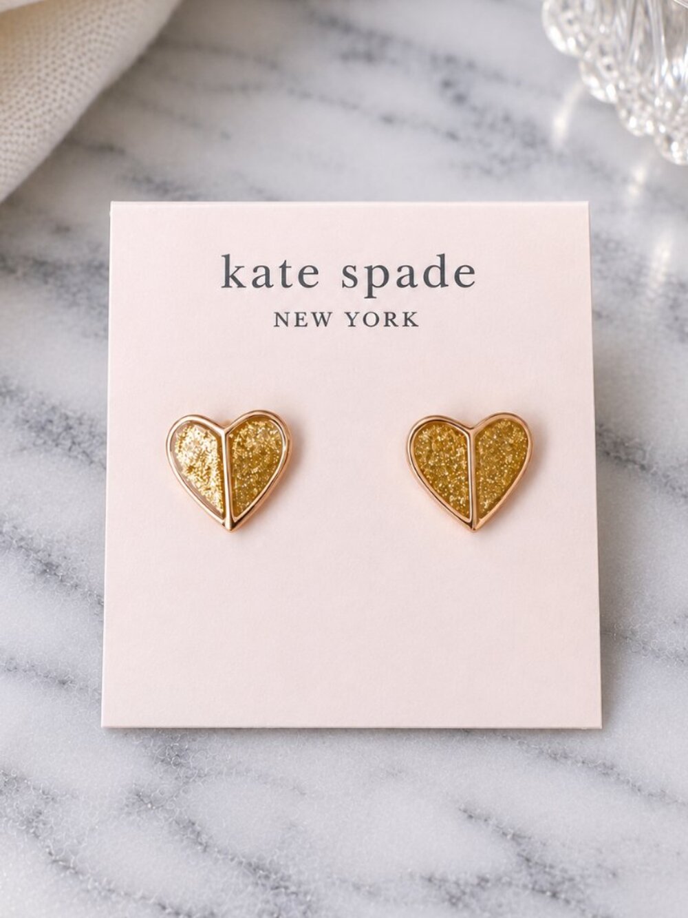 Kate Spade Gold Glitter Heart Stud Earrings Dainty Romantic Earrings